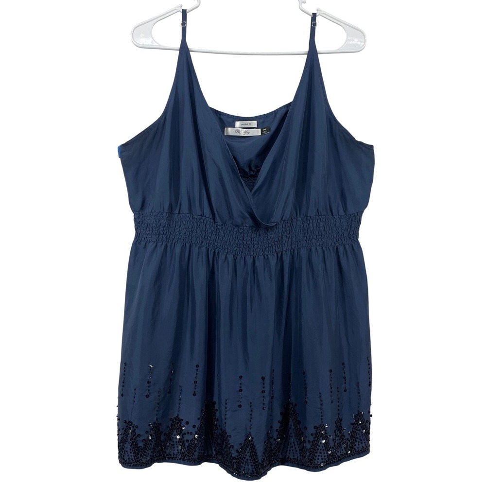 Old Navy Size XXL Silk Cami Top Blue Sequin Beaded Smocked Empire Waist V-Neck